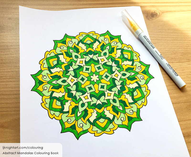 Green and yellow abstract mandala colouring page by L.J. Knight
