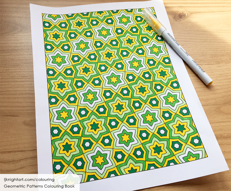Coloured geometric pattern adult colouring page in green and yellow by L.J. Knight