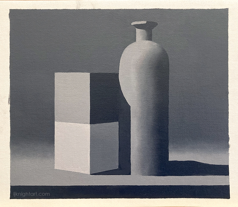 Bottle and cubes - greyscale oil painting exercise on canvas