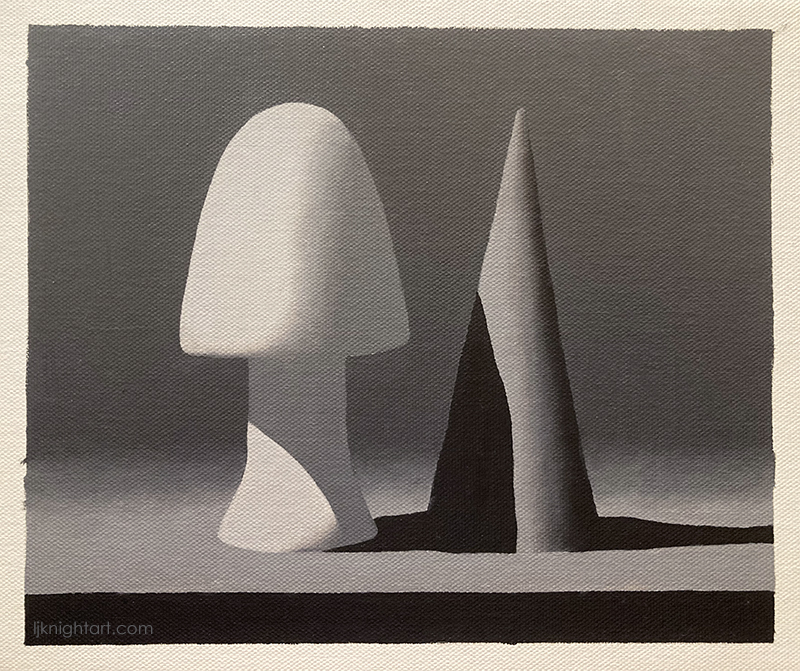 Mushroom and cone - greyscale oil painting exercise on canvas