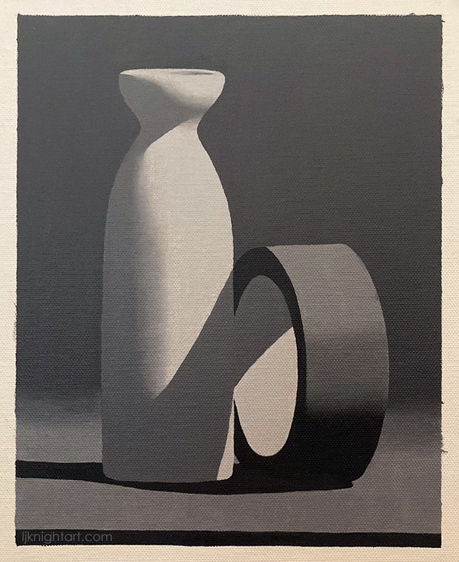 Vase and tape - greyscale oil painting exercise on canvas