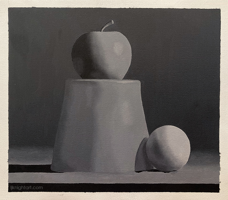 Apple, pot and ball - greyscale oil painting exercise on canvas