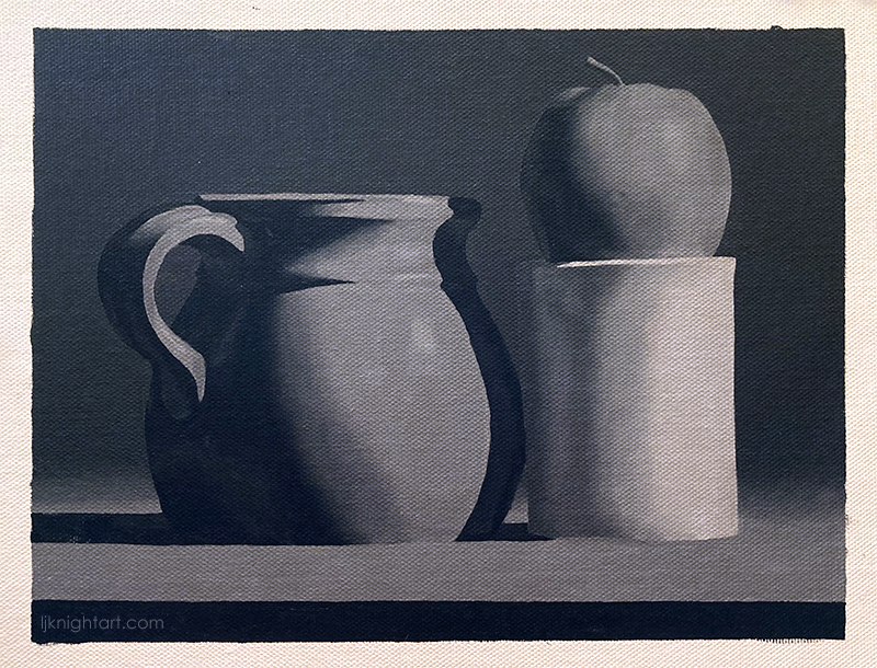 Jug, Apple and Cylinder - greyscale oil painting exercise on canvas