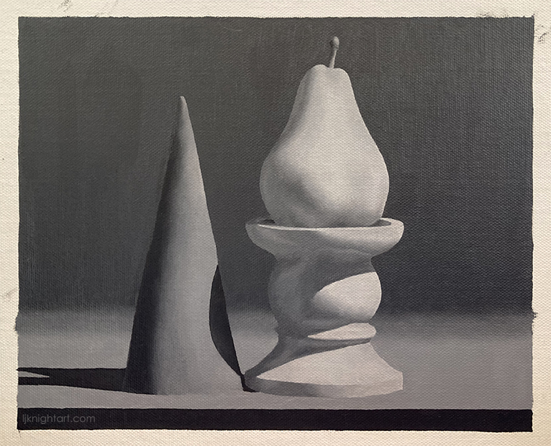 Cone, Pear and Stand - greyscale oil painting exercise on canvas