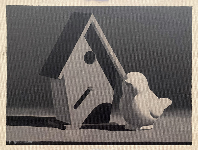 Bird and Bird House - greyscale oil painting exercise on canvas