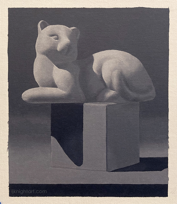 Cat on Cube -  greyscale oil painting exercise on canvas. Evolve Artist Block 1 #17