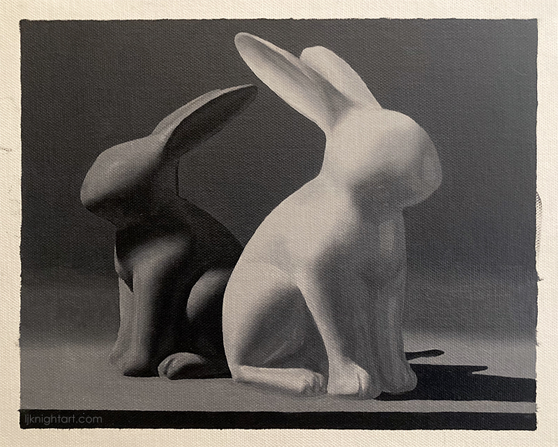 Two Rabbits -  greyscale oil painting exercise on canvas. Evolve Artist Block 1 #18