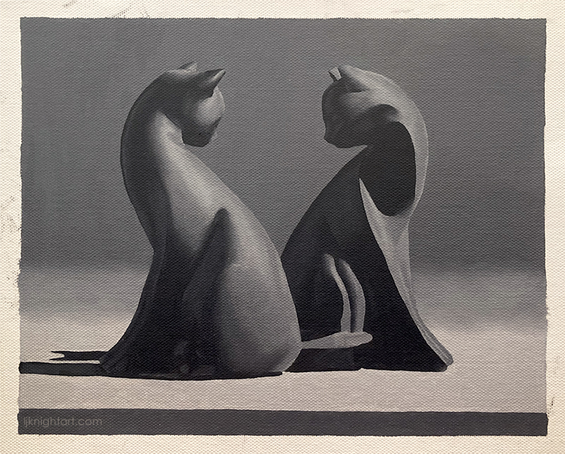 Two Cats -  greyscale oil painting exercise on canvas. Evolve Artist Block 1 #19