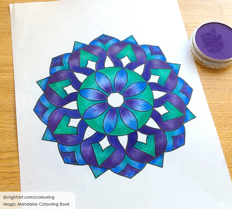 Abstract purple and blue mandala colouring page by L.J. Knight