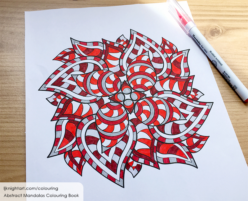 Abstract red, grey and white mandala colouring page by L.J. Knight