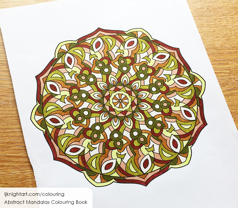 Abstract red, green and brown mandala colouring page by L.J. Knight