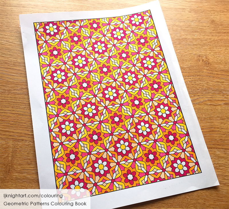 Coloured geometric flower pattern in red, orange, yellow and white, by L.J. Knight
