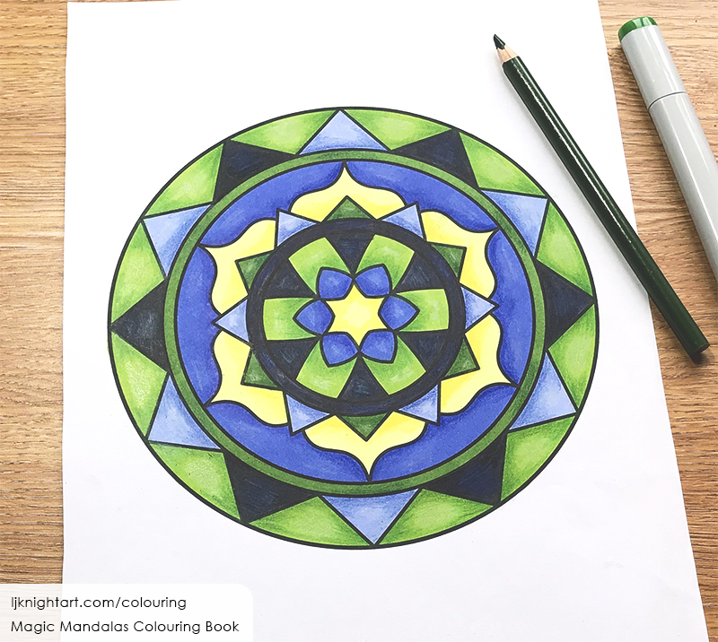 Abstract blue, green and yellow mandala colouring page by L.J. Knight