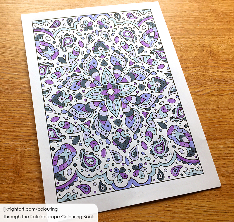 Coloured kaleidoscope mandala in purple, grey and blue, by L.J. Knight