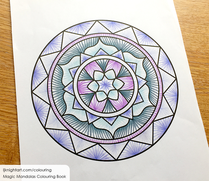 Purple, turquoise blue and grey mandala colouring page by L.J. Knight