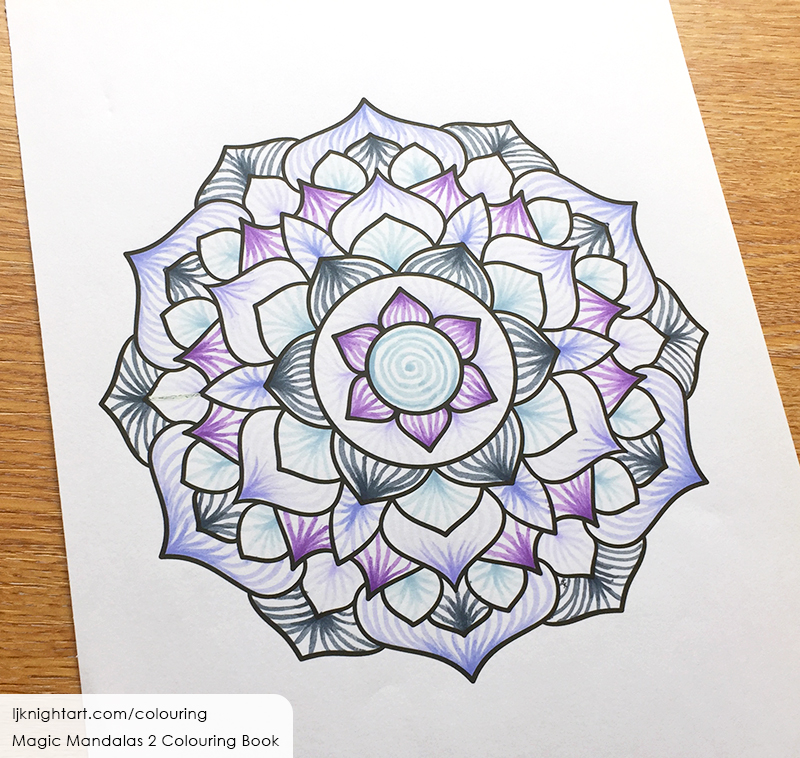Turquoise, grey and purple mandala colouring page by L.J. Knight