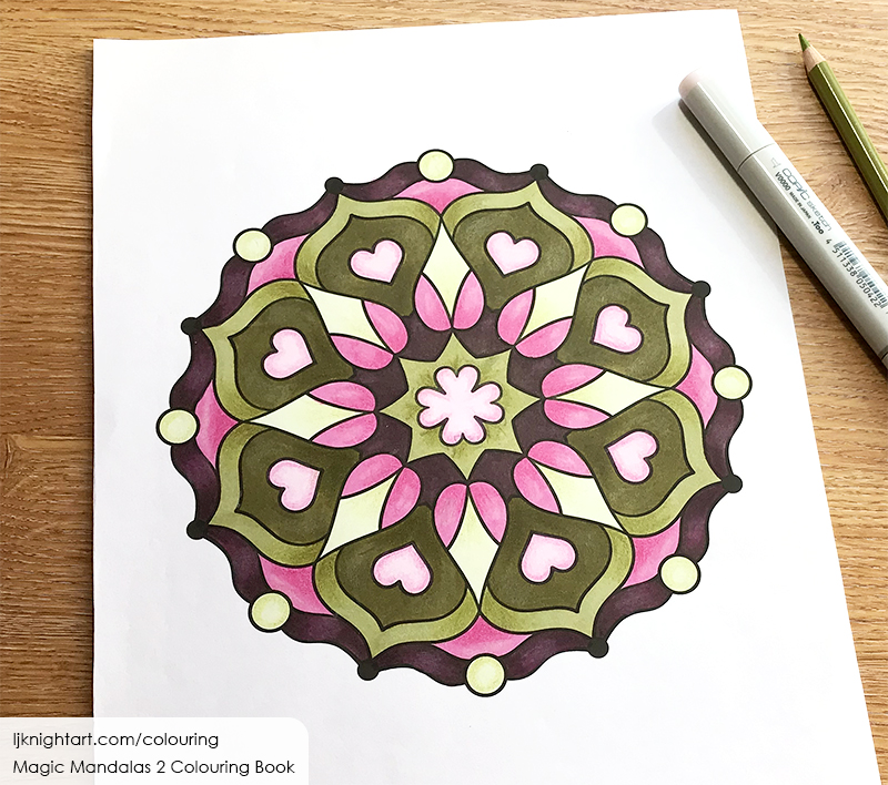 Abstract ollive green, pink and burgundy mandala colouring page by L.J. Knight