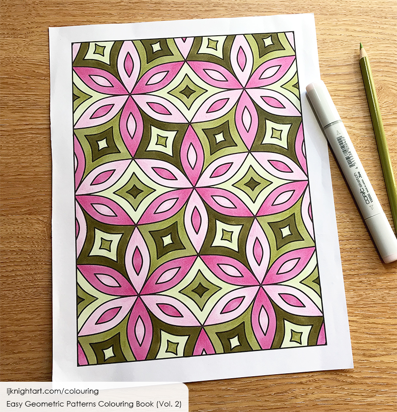 Simple coloured pattern in olive green and pink, by L.J. Knight