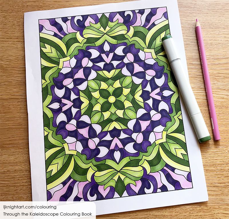 Coloured kaleidoscope mandala in purple, pink and green, by L.J. Knight
