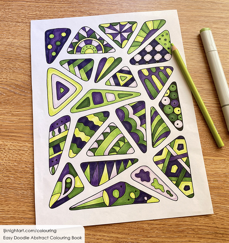 Abstract colouring page in purple and green from Easy Doodle Abstract Colouring Book by L.J. Knight