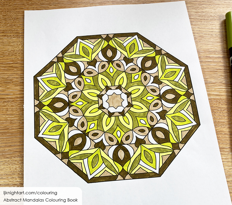 Green and brown abstract mandala colouring page from Abstract Mandalas Colouring Book by L.J. Knight