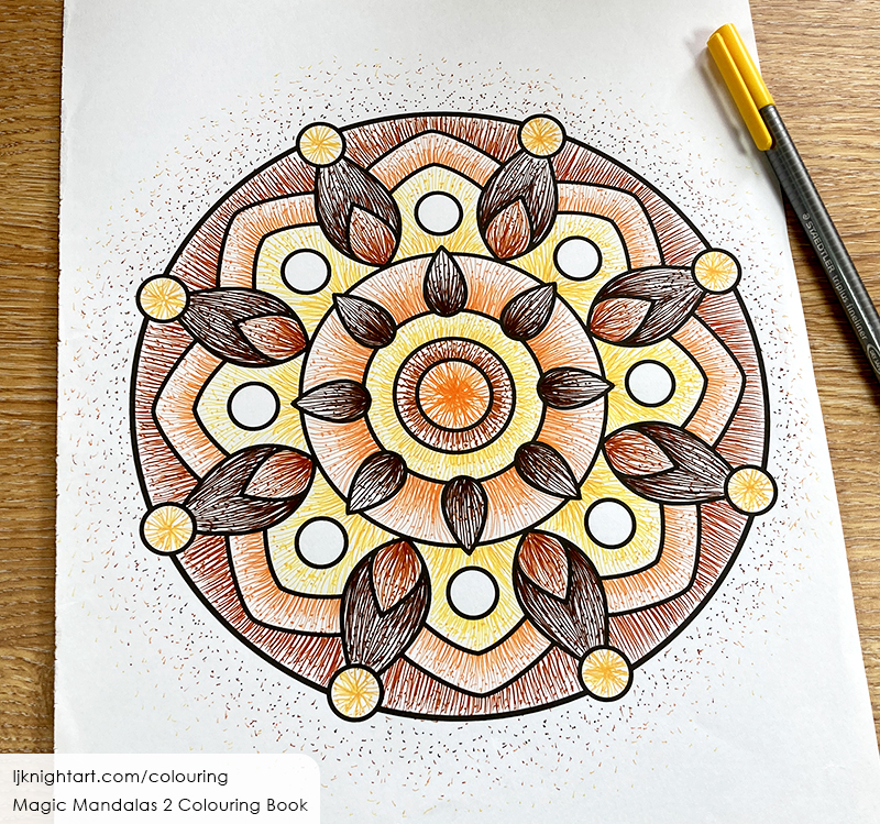 Abstract yellow, orange and brown colouring page by L.J. Knight