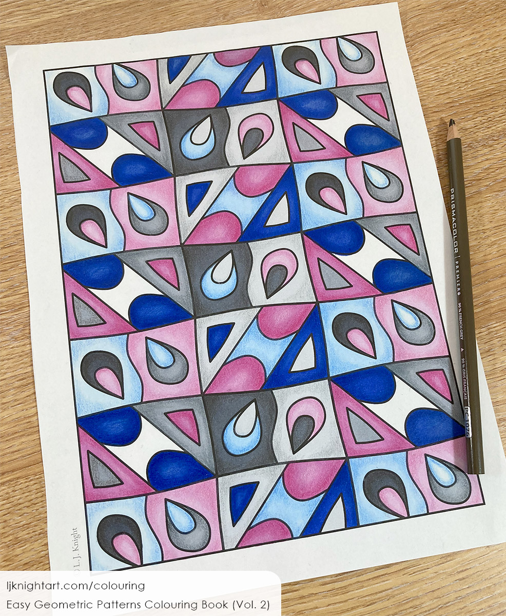 Simple coloured pattern in blue, pink grey, by L.J. Knight