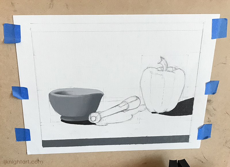 Mortar, Pestle and Bell Pepper - greyscale oil painting exercise on canvas - WIP. Evolve Artist Block 2 #16