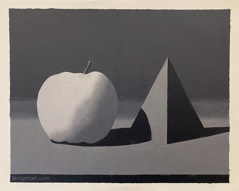 Apple and Pyramid -  greyscale oil painting exercise on canvas. Evolve Artist Block 2 #11