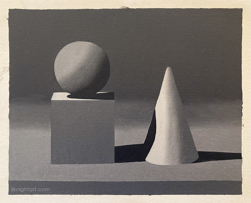 Ball, Cube and Cone -  greyscale oil painting exercise on canvas. Evolve Artist Block 2 #12