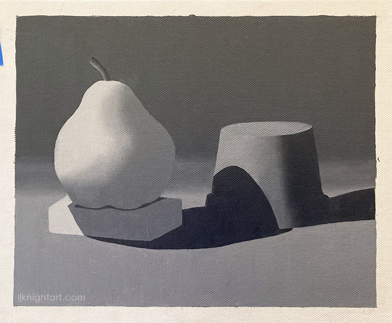 Pear, Block and Pot -  greyscale oil painting exercise on canvas. Evolve Artist Block 2 #13