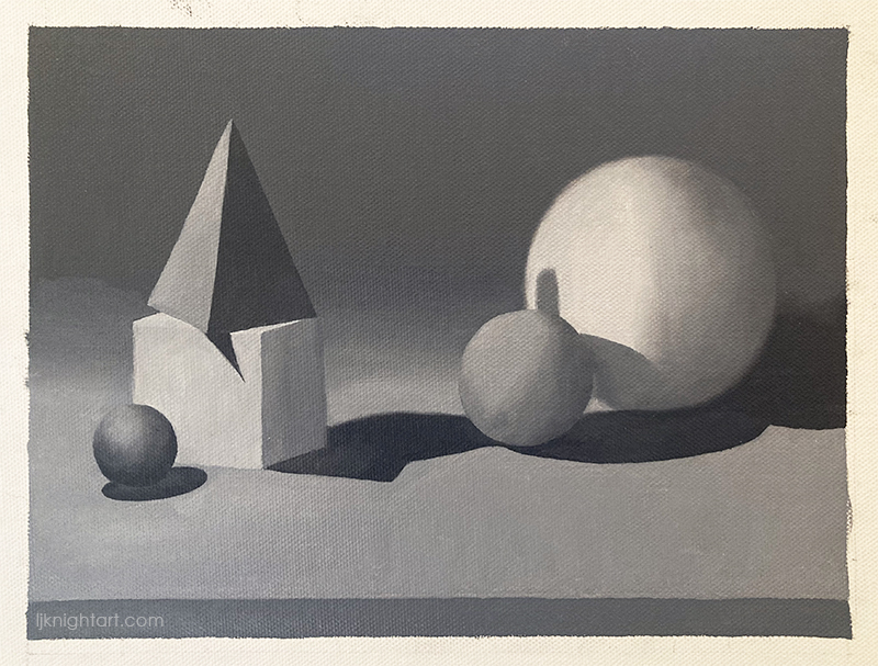 Cube, Pyramid and Spheres -  greyscale oil painting exercise on canvas. Evolve Artist Block 2 #15