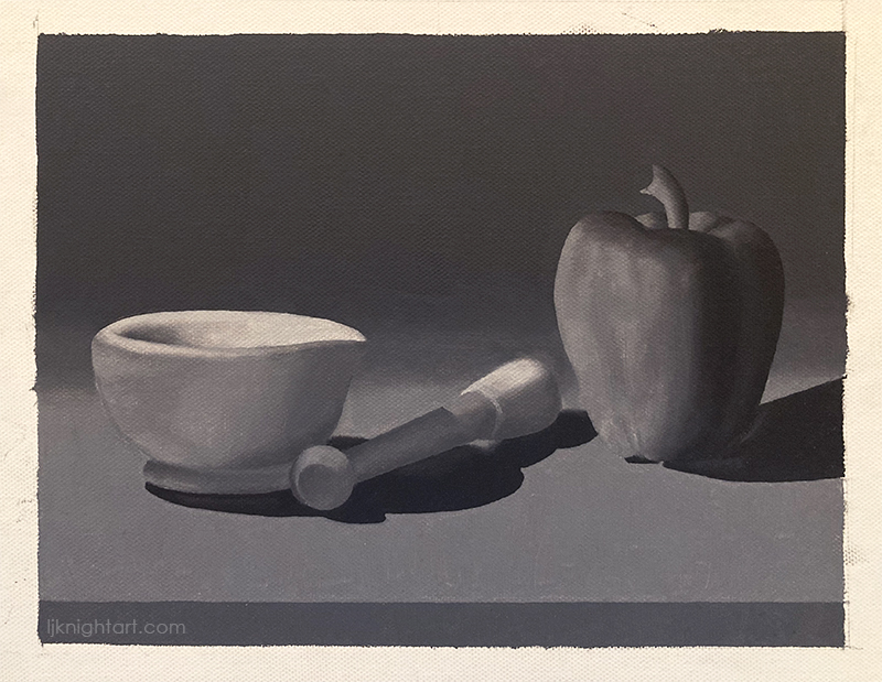 Mortar, Pestle and Bell Pepper -  greyscale oil painting exercise on canvas. Evolve Artist Block 2 #16