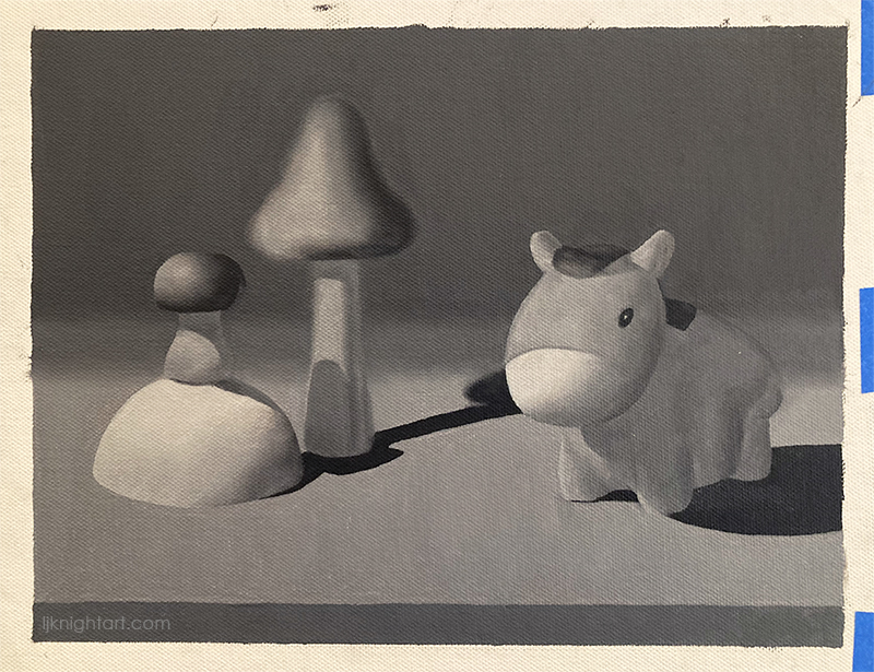 Mushrooms and Horse -  greyscale oil painting exercise on canvas. Evolve Artist Block 2 #17