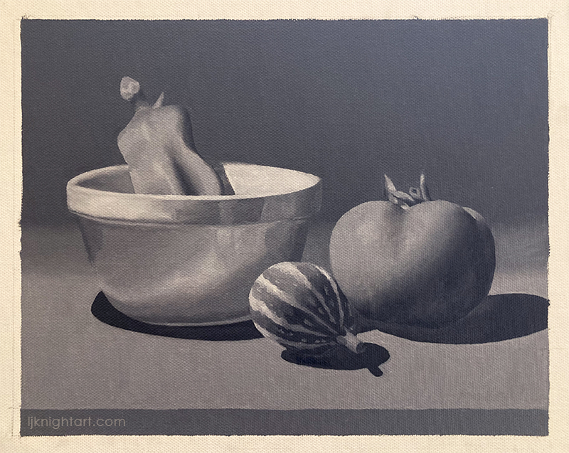Bowl and Food -  greyscale oil painting exercise on canvas. Evolve Artist Block 2 #18