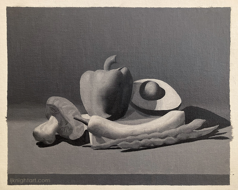 Fruit and Vegetables -  greyscale oil painting exercise on canvas. Evolve Artist Block 2 #19