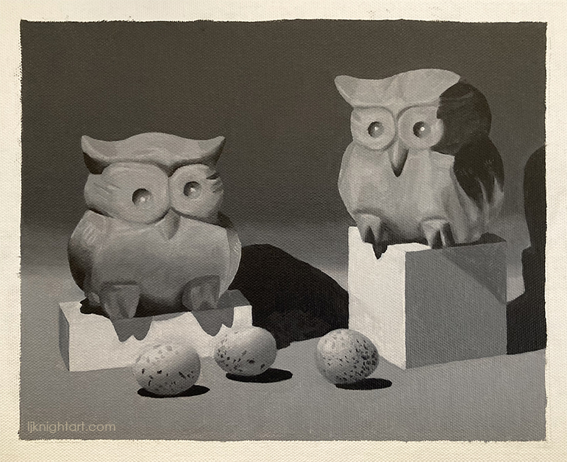 Two Owls -  greyscale oil painting exercise on canvas. Evolve Artist Block 2 #20