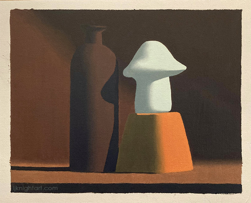 Bottle, Mushroom and Pot -   oil painting exercise on canvas. Evolve Artist Block 3 #7