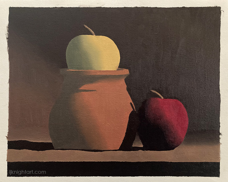 Appples and Pot-  oil painting exercise on canvas. Evolve Artist Block 3 #9