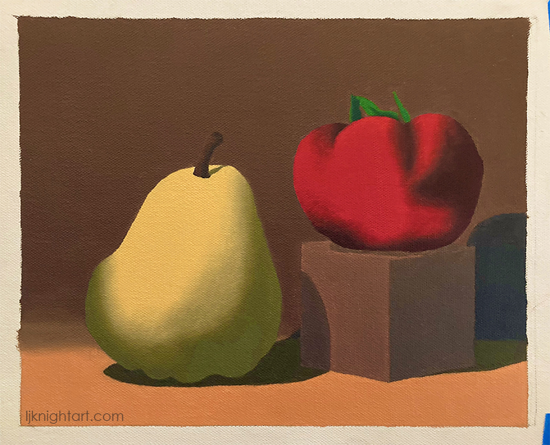 Pear, Tomato and Cube -  oil painting exercise on canvas. Evolve Artist Block 3 #10