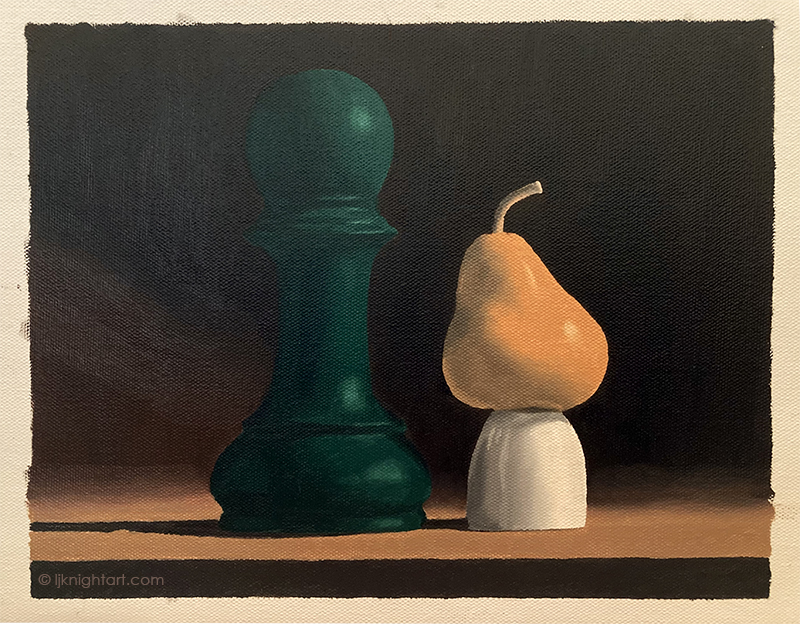 Pawn, Pear and Cup - oil painting exercise on canvas. Evolve Artist Block 3 #15