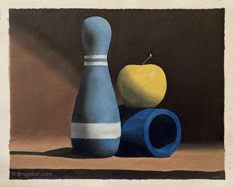 Bowling Pin, Apple and Cylinder  - oil painting exercise on canvas. Evolve Artist Block 3 #17