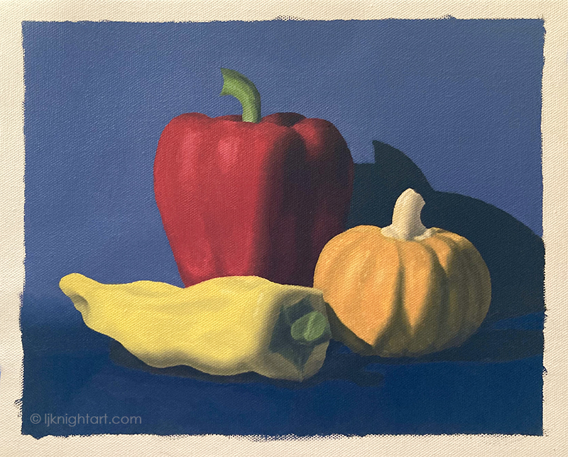 Peppers and Pumpkin - oil painting exercise on canvas. Evolve Artist Block 3 #18