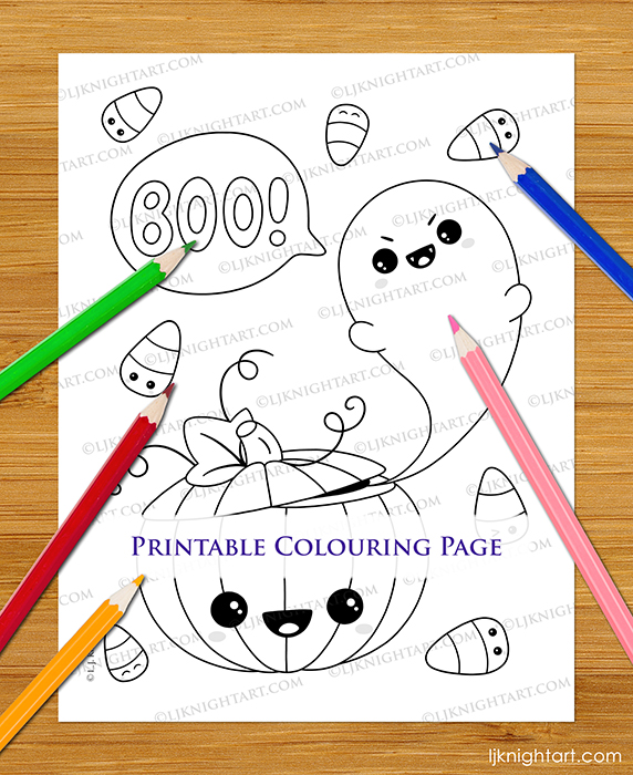 Cute easy kawaii printable Halloween colouring page with pumpkin, ghost and candy corn, by L.J. Knight