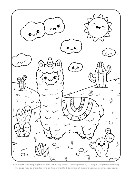 Free llama / llamacorn / alpaca cute animal colouring page