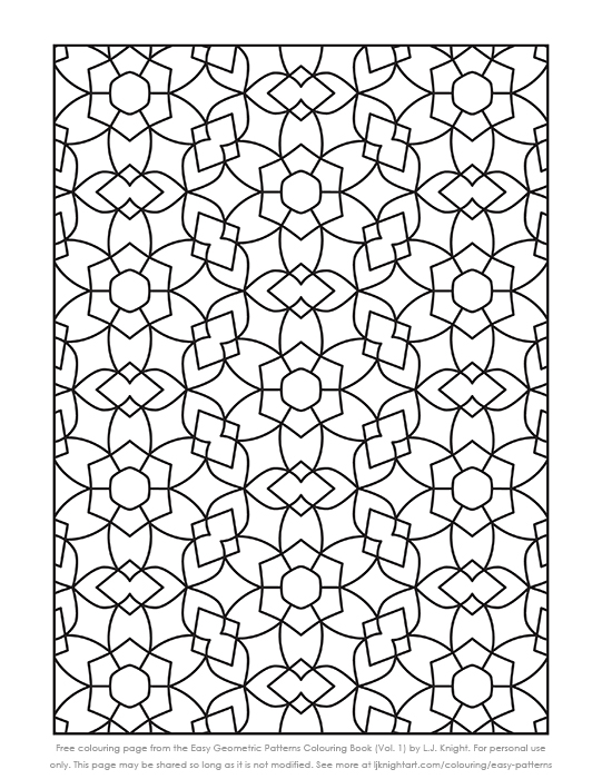 Free simple geometric pattern printable collouring page by L.J. Knight