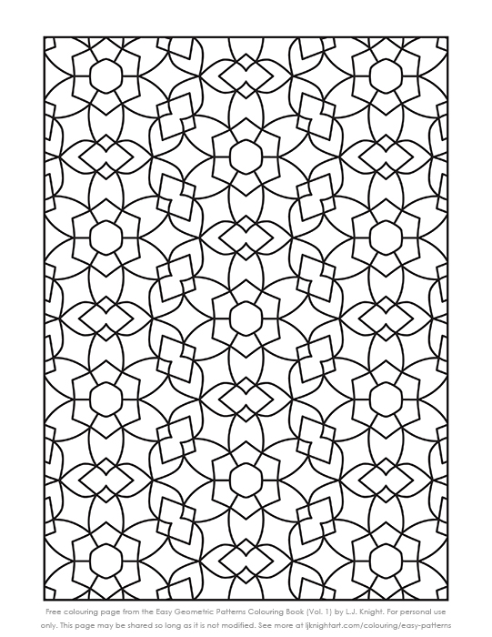 Free simple geometric pattern printable collouring page by L.J. Knight