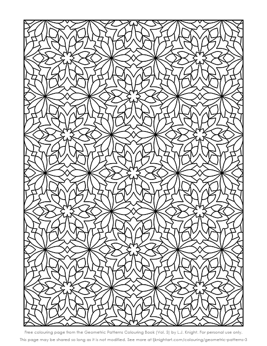 Free geometric pattern printable colouring page for adults by L.J. Knight