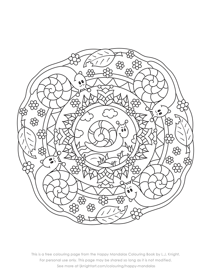 Free cute snail animal mandala colouring page