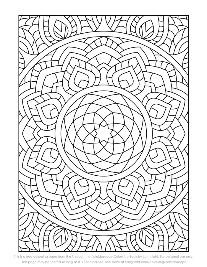 Free abstract kaleidoscope pattern colouring page